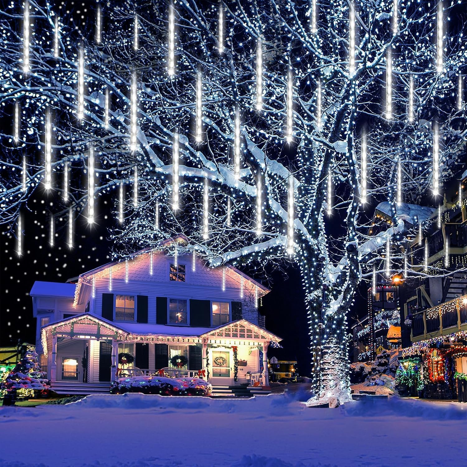 Kwaiffeo Outdoor Christmas Decorations, Waterproof 16-Tube Meteor Shower Lights for Xmas Wedding Party Hanging Decor, Wedding Decorations for Reception, Equivalent to 2 Sets of 8-Tubes, White